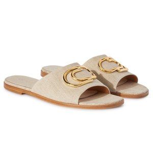 NEW Off-White Gold Paperclip Linen Slider in Beige Size EU 37 US 7